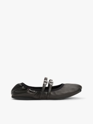 black leather buckle strap ballerinas for women tommy jeans