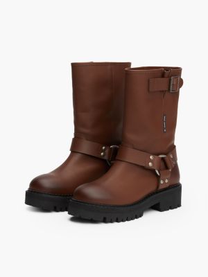 brown leather cleat biker boots for women tommy jeans