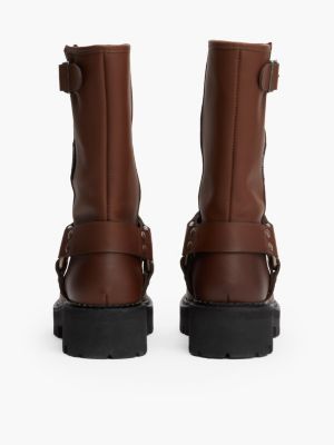 brown leather cleat biker boots for women tommy jeans