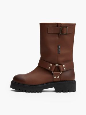 brown leather cleat biker boots for women tommy jeans