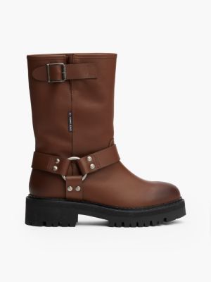 brown leather cleat biker boots for women tommy jeans