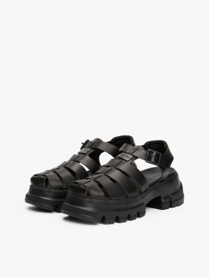 black leather chunky cleat fisherman sandals for women tommy jeans