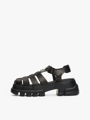 black leather chunky cleat fisherman sandals for women tommy jeans