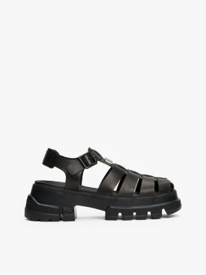 black leather chunky cleat fisherman sandals for women tommy jeans