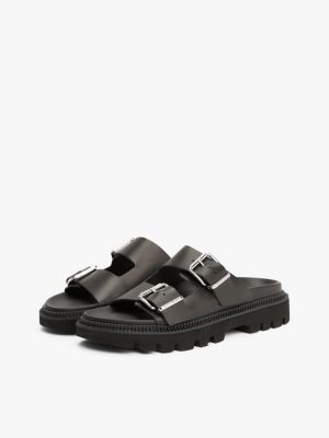 black leather double strap cleat sandals for women tommy jeans