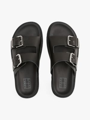 black leather double strap cleat sandals for women tommy jeans