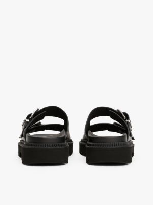 black leather double strap cleat sandals for women tommy jeans