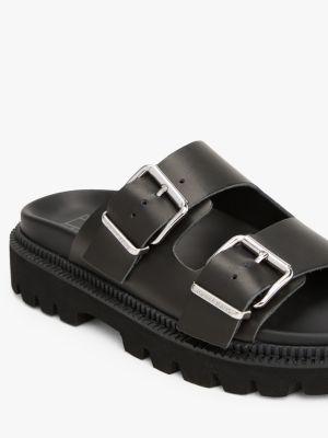 black leather double strap cleat sandals for women tommy jeans