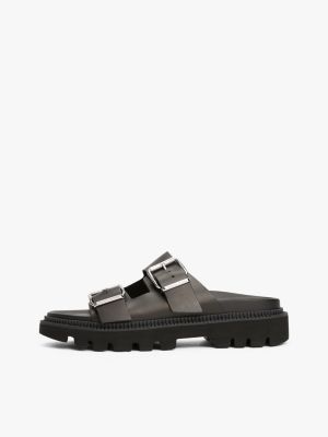 black leather double strap cleat sandals for women tommy jeans