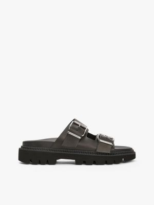 black leather double strap cleat sandals for women tommy jeans