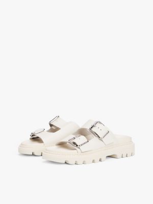 white leather double strap cleat sandals for women tommy jeans