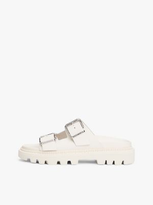 white leather double strap cleat sandals for women tommy jeans