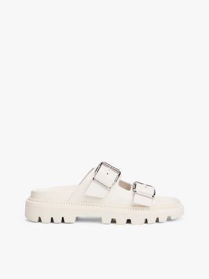 white leather double strap cleat sandals for women tommy jeans