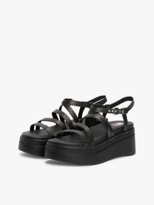 black leather strappy platform sandals for women tommy jeans