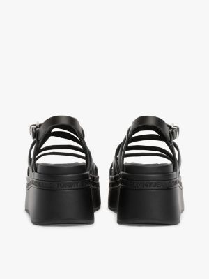 black leather strappy platform sandals for women tommy jeans