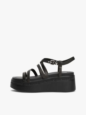 black leather strappy platform sandals for women tommy jeans