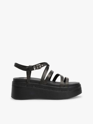 black leather strappy platform sandals for women tommy jeans