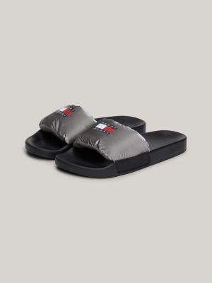 grey padded metallic strap pool slides for women tommy jeans