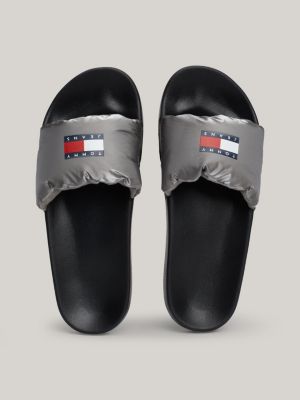 grey padded metallic strap pool slides for women tommy jeans