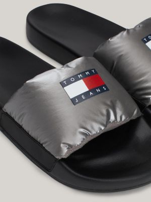 grey padded metallic strap pool slides for women tommy jeans