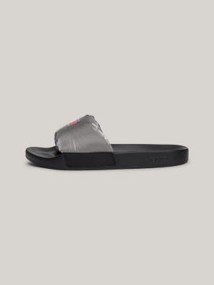 grey padded metallic strap pool slides for women tommy jeans