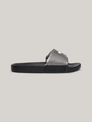 grey padded metallic strap pool slides for women tommy jeans