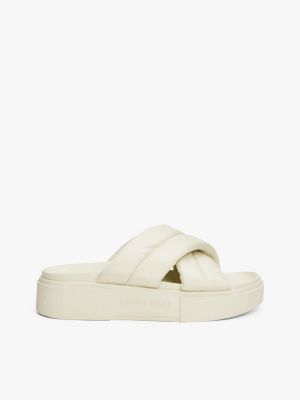 white padded strap platform slides for women tommy jeans