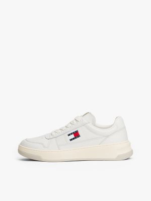 white leather embossed logo trainers for women tommy jeans