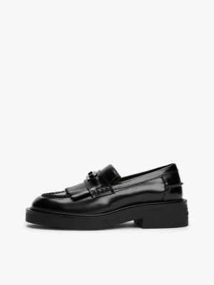 black fringe metal logo leather loafers for women tommy jeans