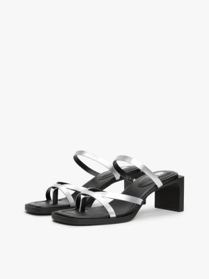 multi metallic leather block heel sandals for women tommy jeans