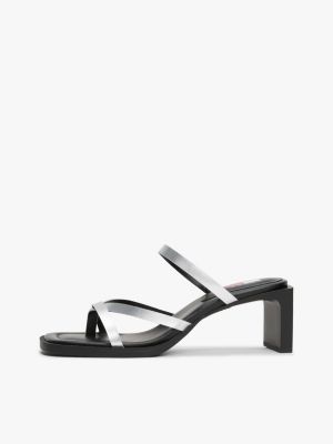 multi metallic leather block heel sandals for women tommy jeans