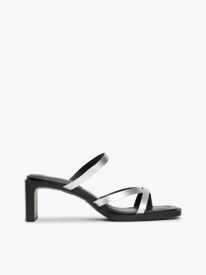 multi metallic leather block heel sandals for women tommy jeans