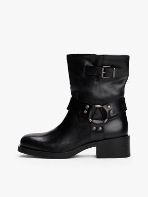black leather biker boots for women tommy jeans