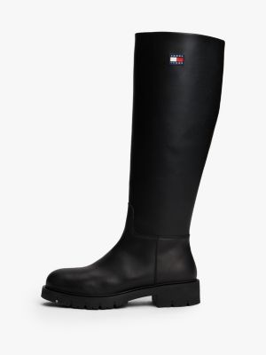 black leather cleat knee high boots for women tommy jeans