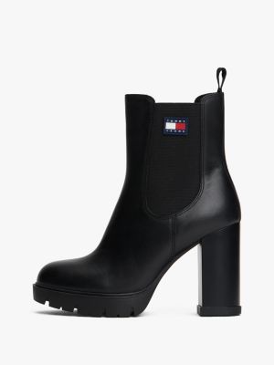 bottines chelsea en cuir crantées à talon carré noir pour femmes tommy jeans