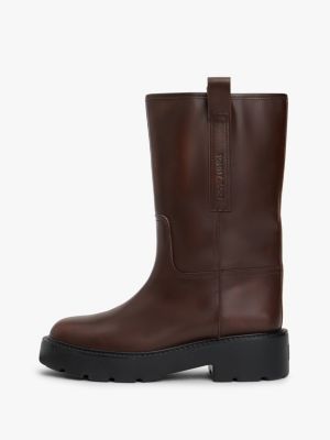 braun rutschhemmender mittelhoher lederstiefel für damen - tommy jeans