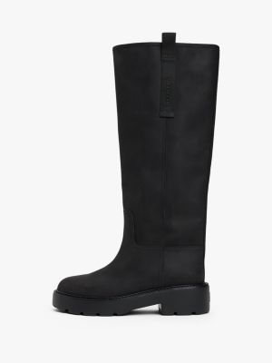 black leather knee high cleat boots for women tommy jeans