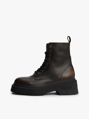 brown chunky leather lace-up cleat mid boots for women tommy jeans