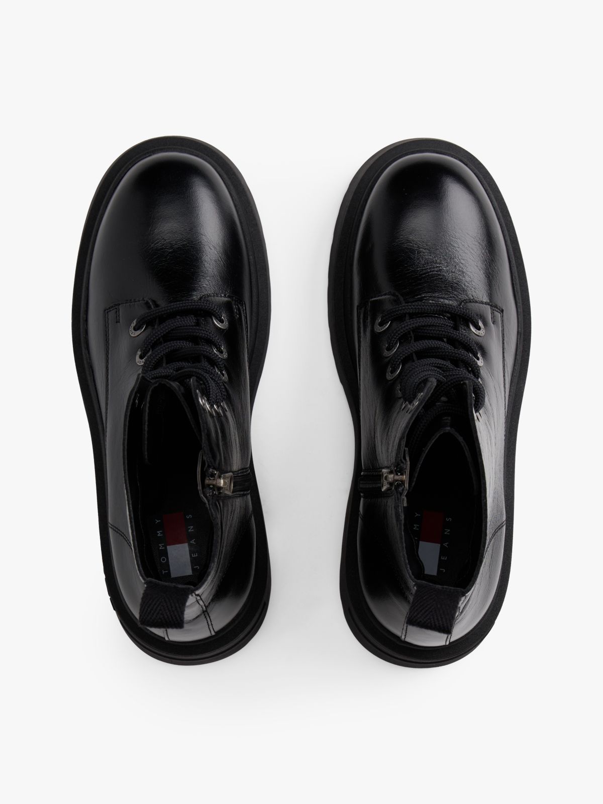 Shiny Leather Chunky Cleat Mid Boots — Black