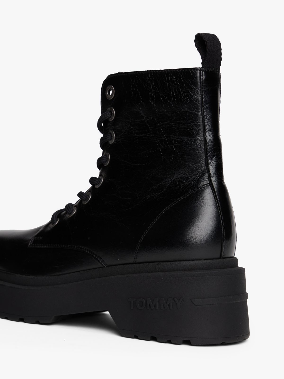 Shiny Leather Chunky Cleat Mid Boots — Black