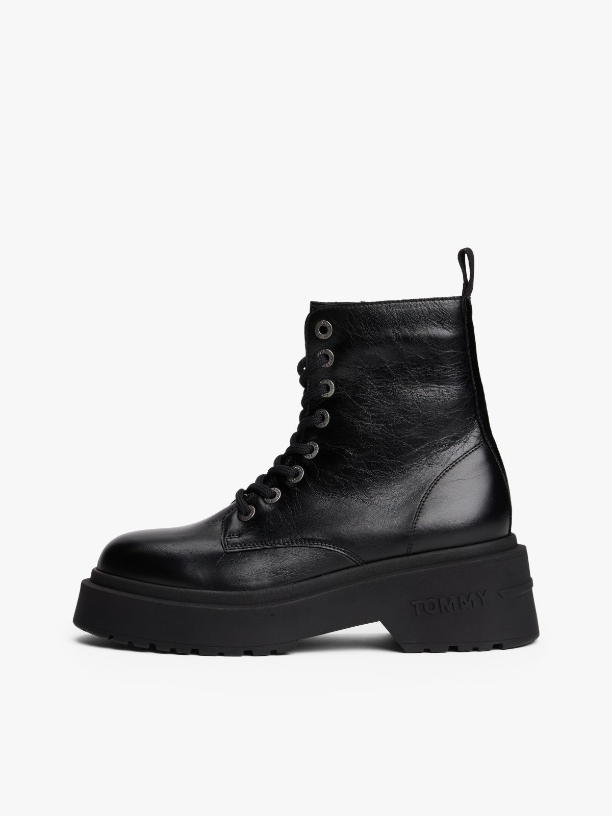 Shiny Leather Chunky Cleat Mid Boots — Black