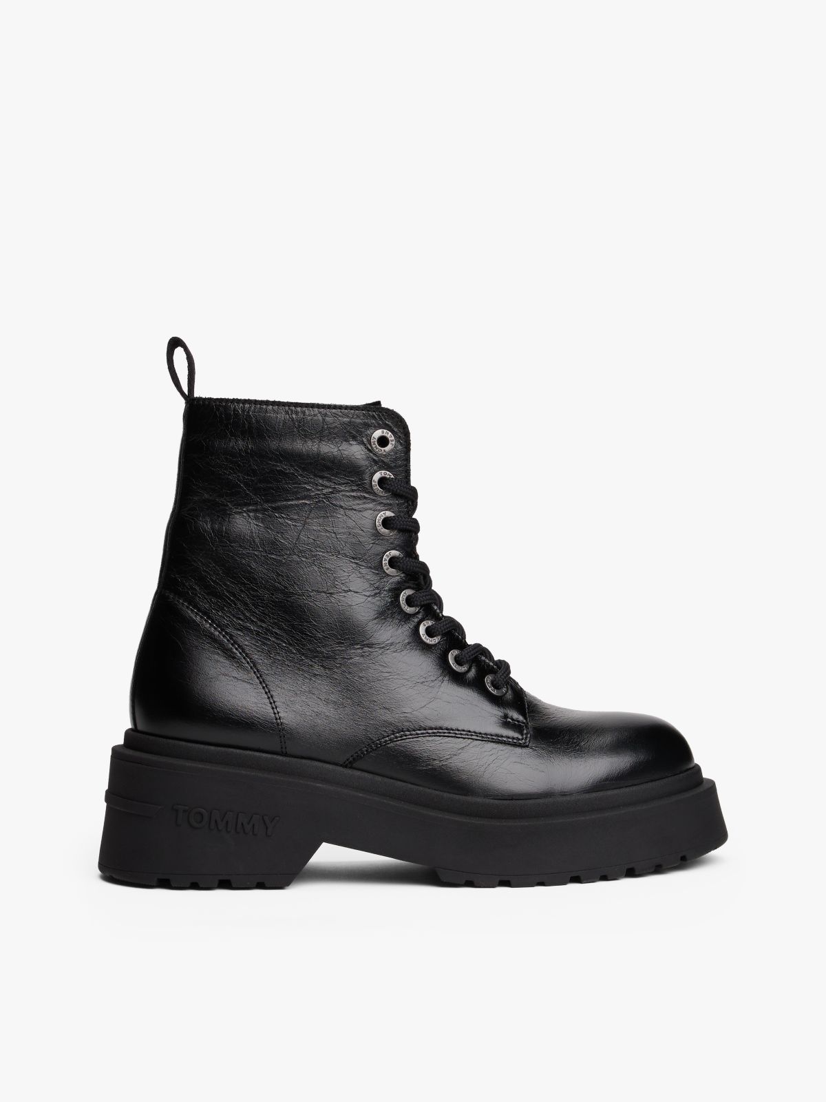 Shiny Leather Chunky Cleat Mid Boots — Black