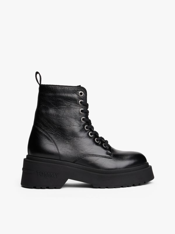 Shiny Leather Chunky Cleat Mid Boots — Black
