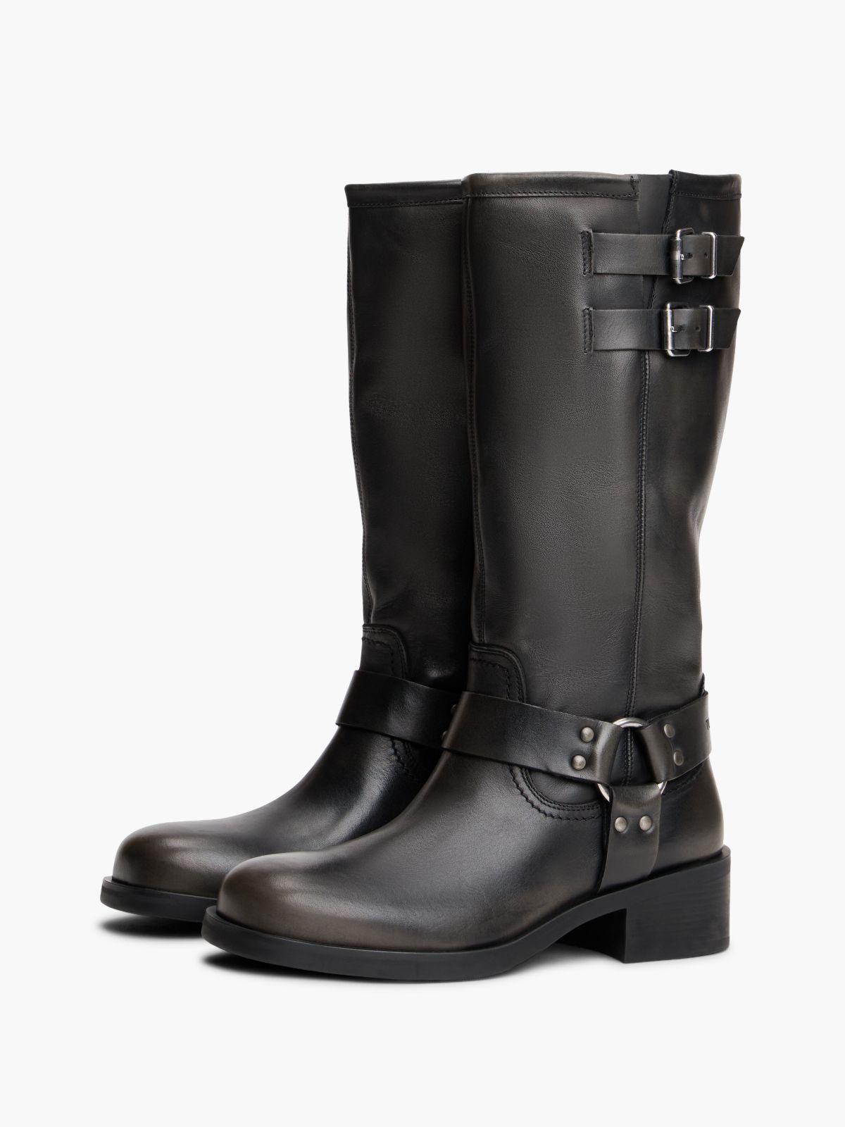 Leather Strap Buckle Biker Boots — Black