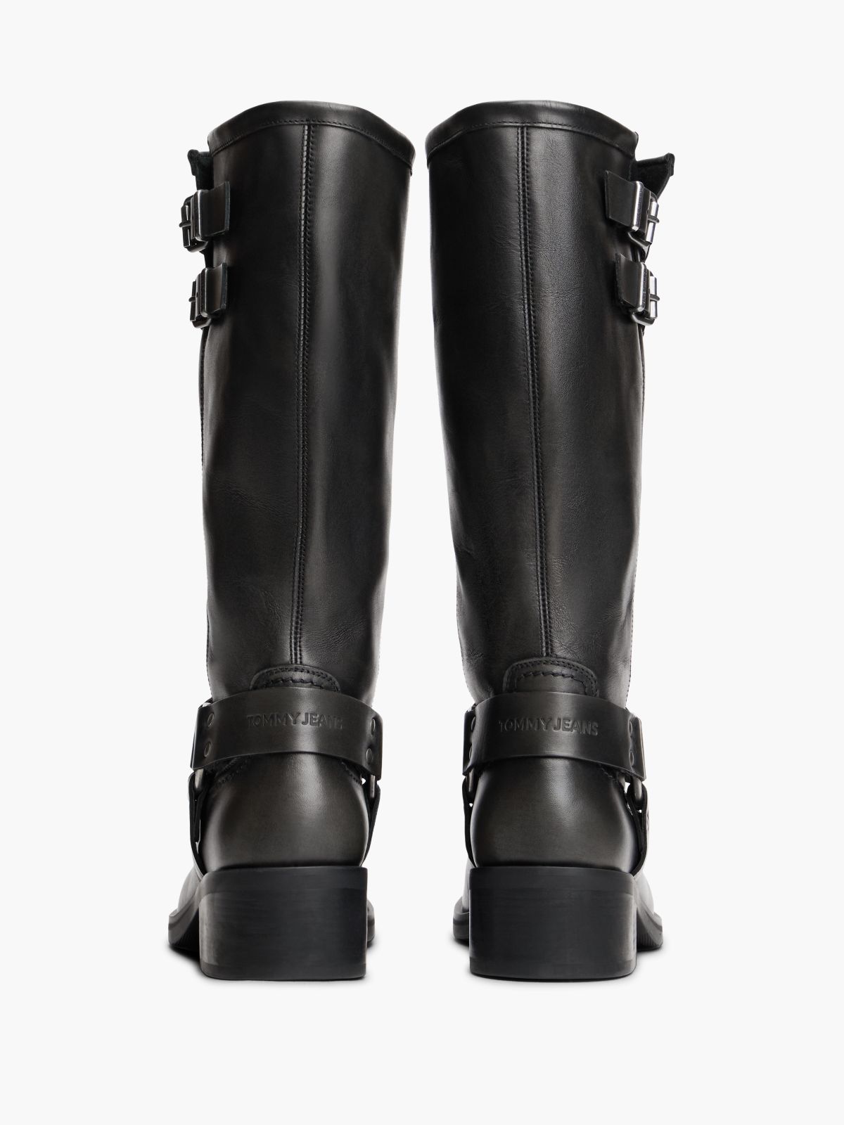 Leather Strap Buckle Biker Boots — Black