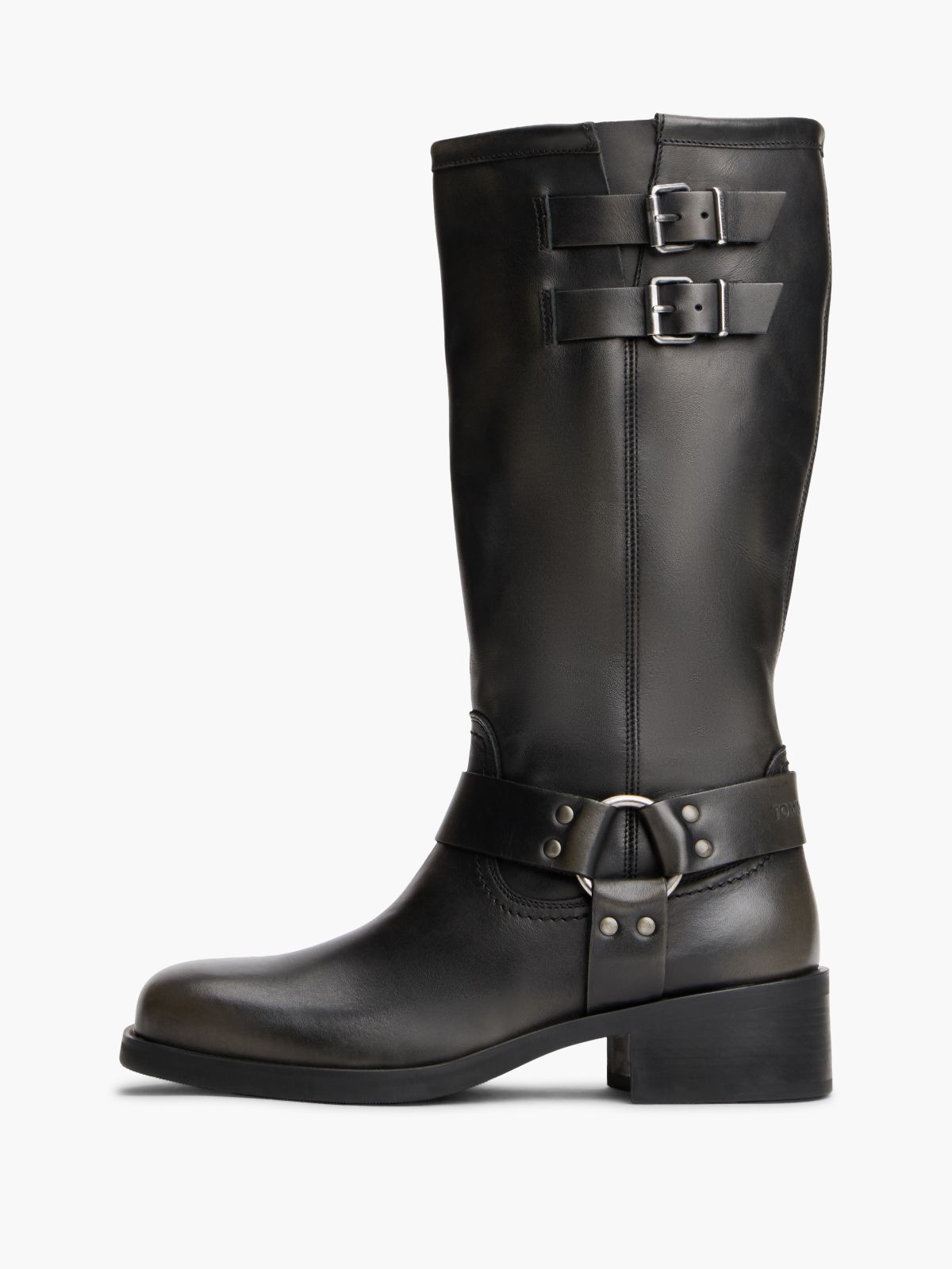 Leather Strap Buckle Biker Boots — Black