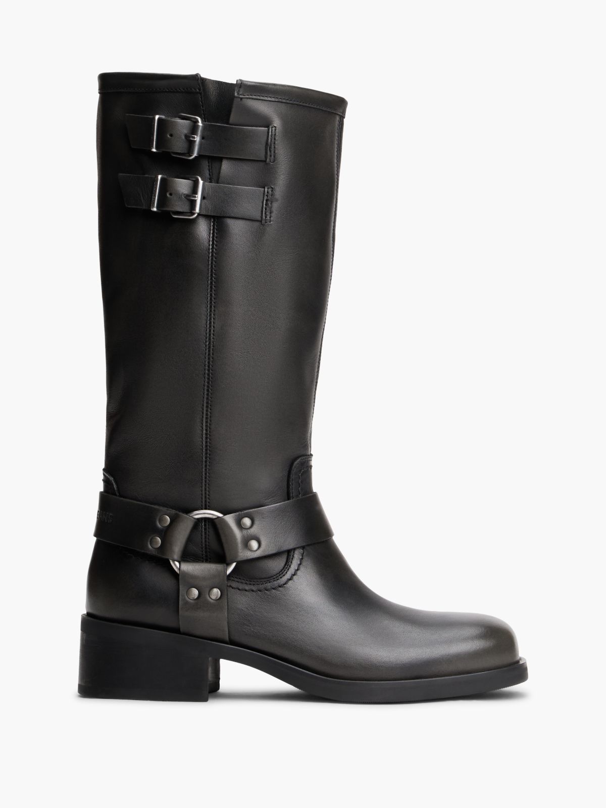 Leather Strap Buckle Biker Boots — Black