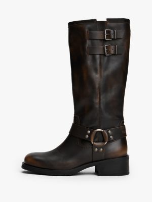 braun kniehoher biker-stiefel aus leder für damen - tommy jeans
