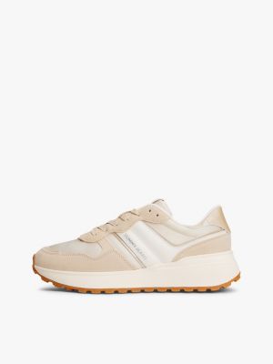 beige suede mixed texture cleat trainers for women tommy jeans