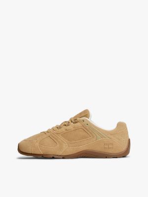 beige archive runner suede cleat low profile trainers for women tommy jeans